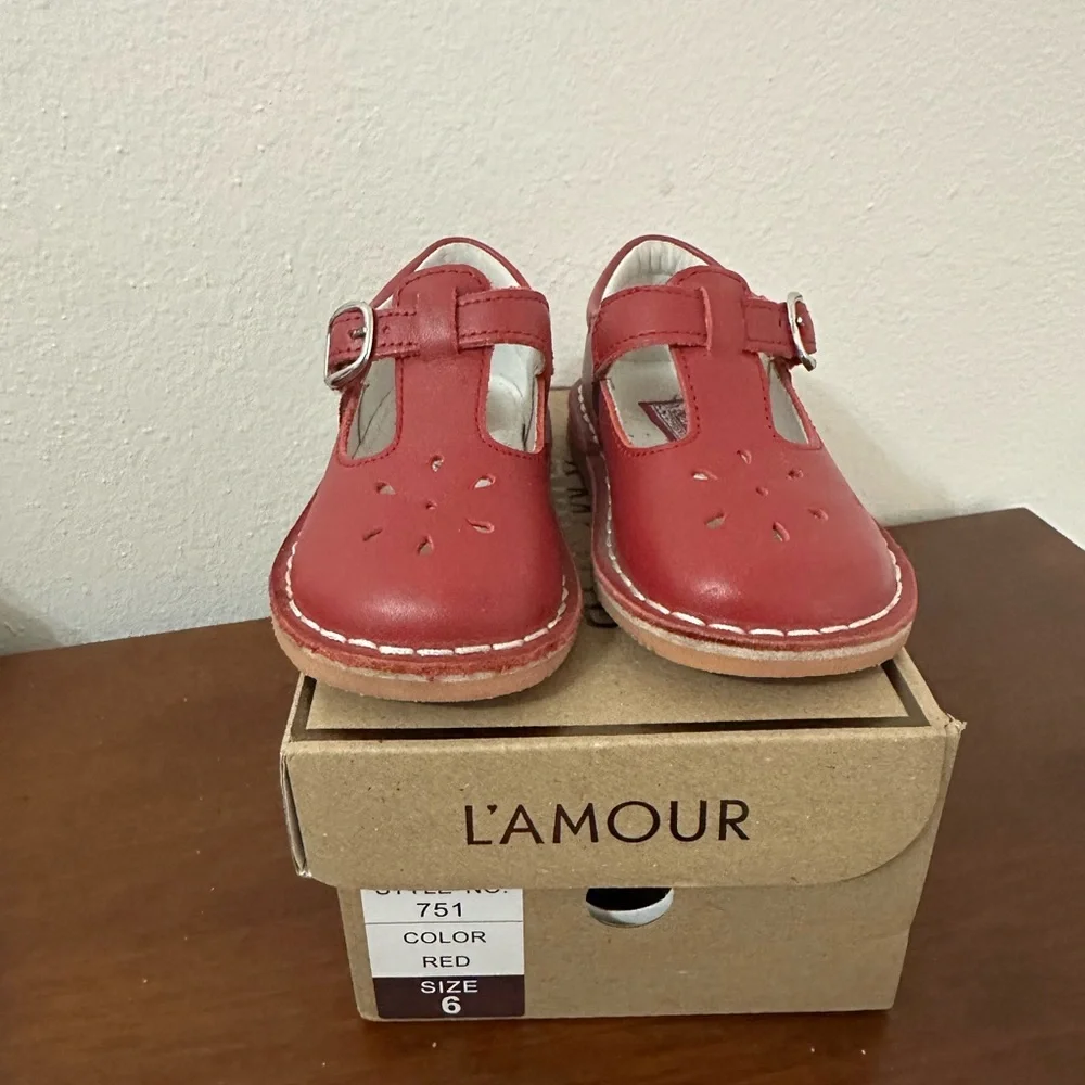 L'Amour Red Leather T-Strap Mary Jane Kids Shoes